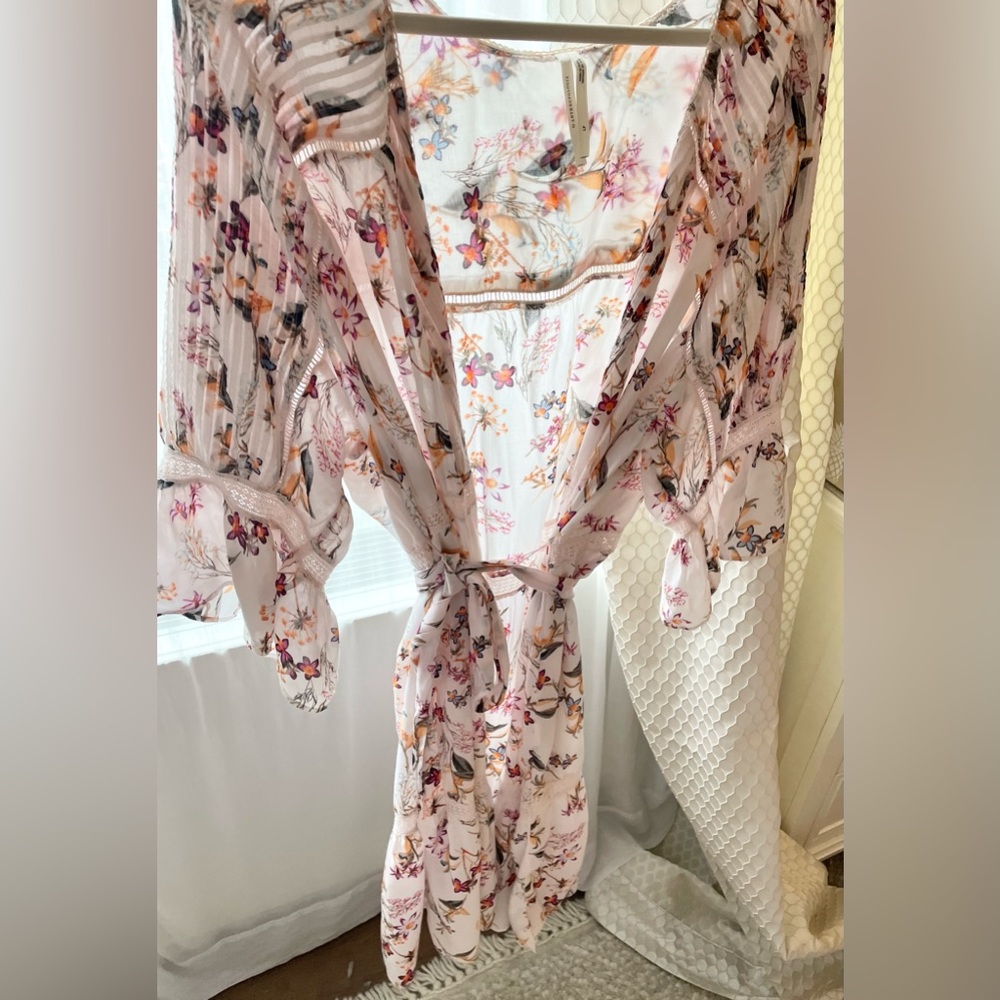 Anthropologie modal pink floral robe with ruffles and cotton lace